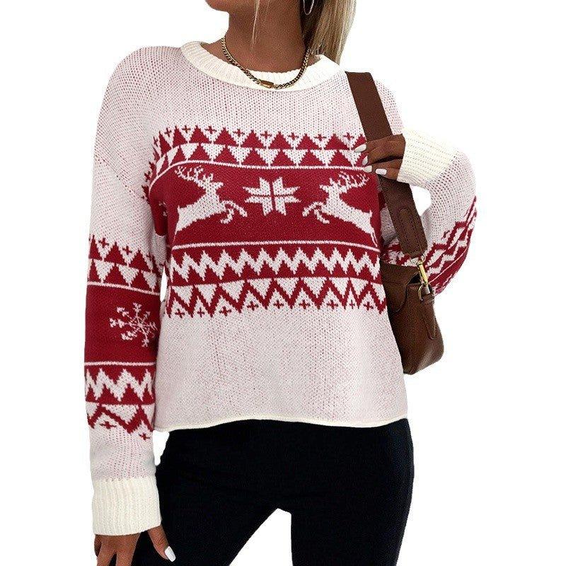 Women’s Christmas Snowflake Reindeer Knitted Sweater | Crew Neck Animal Print Pullover Knitwear - Coscosmos