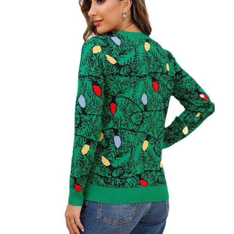 Women’s Funny Emerald Green Christmas Sweater with Cartoon Elk and Lantern Print – Loose Knitwear Pullover - Coscosmos