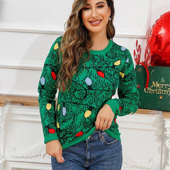 Women’s Funny Emerald Green Christmas Sweater with Cartoon Elk and Lantern Print – Loose Knitwear Pullover - Coscosmos