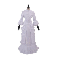 Women's Medieval Victorian Civil War White Dress | Baroque Ruffle Bustle Ball Gown - Coscosmos